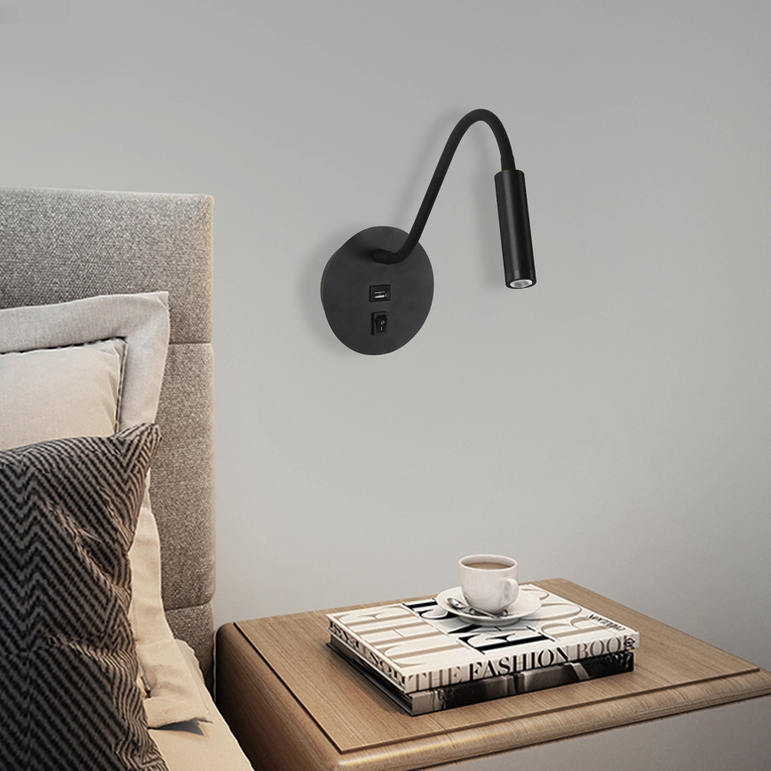 Brilagi - LED fleksibilna zidna lampa sa USB portom MAYA LED/3W/230V 4000K crna