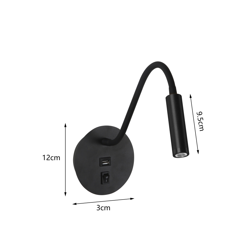 Brilagi - LED fleksibilna zidna lampa sa USB portom MAYA LED/3W/230V 4000K crna