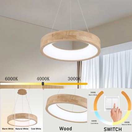 Brilagi - drveni LED luster na sajli FALCON WOOD LED/30W/230V 3000/4000/6000K prečnik 45 cm
