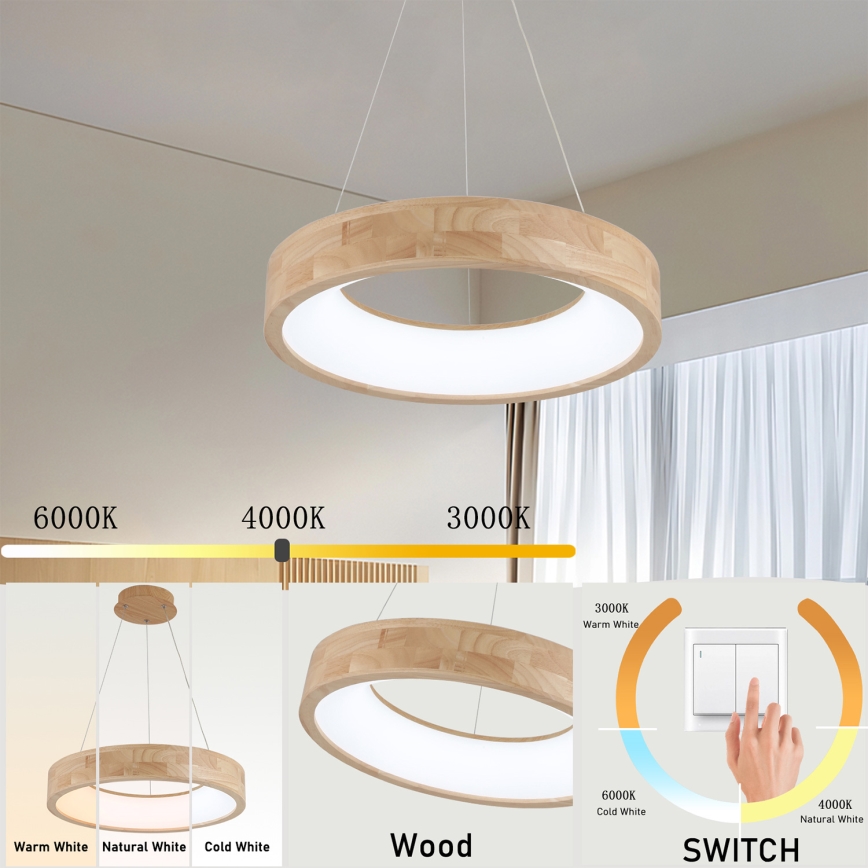 Brilagi - drveni LED luster na sajli FALCON WOOD LED/30W/230V 3000/4000/6000K prečnik 45 cm