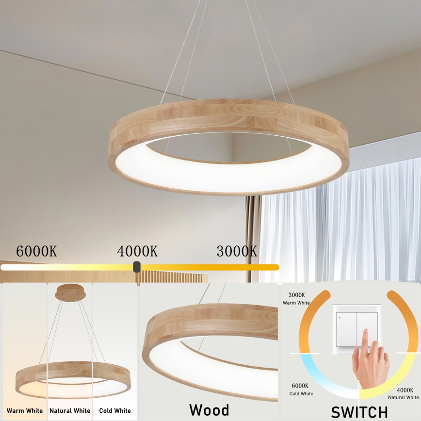 Brilagi - LED luster na sajli FALCON WOOD LED/40W/230V 3000/4000/6000K, prečnik 60 cm, drvo