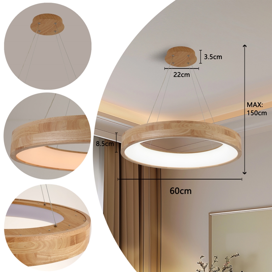 Brilagi - LED luster na sajli FALCON WOOD LED/40W/230V 3000/4000/6000K, prečnik 60 cm, drvo