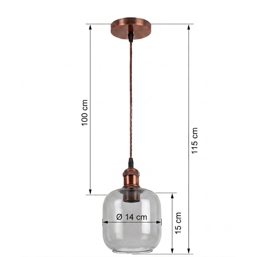 BRILAGI - LED luster na sajli RETRO GLASS 1xE27/60W/230V prečnik 14 cm bakrena/zadimljeno siva