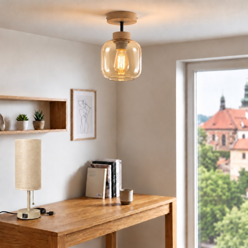 BRILAGI - LED plafonski luster RETRO GLASS 1xE27/60W/230V prečnik 14 cm hrast/dimljeno bež