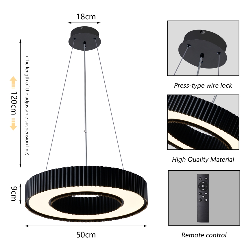 BRILAGI - LED prigušiva luster na sajli LUMIX LED/48W/230V 3000-6000K crna preč. 50 cm + daljinski upravljač