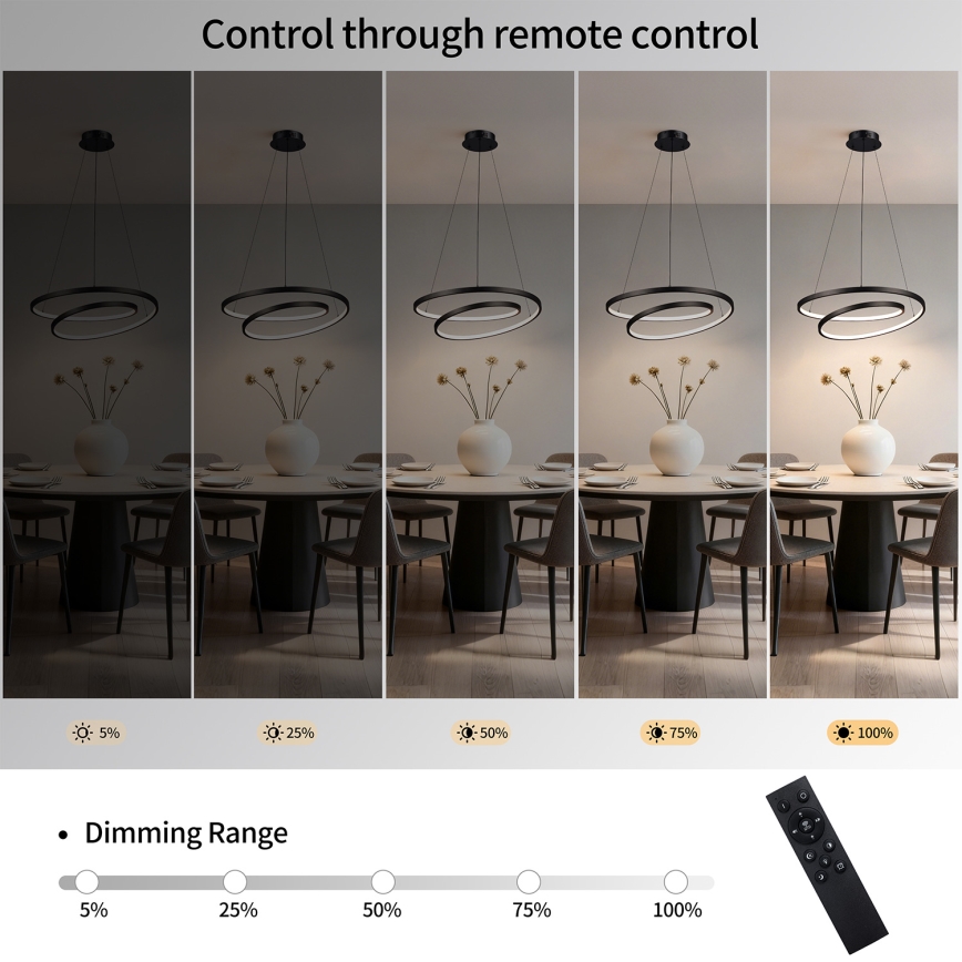 Brilagi - LED prigušiva viseća lampa na sajli TWISTER LED/48W/230V 3000-6000K Ø 50 cm crna + daljinski upravljač