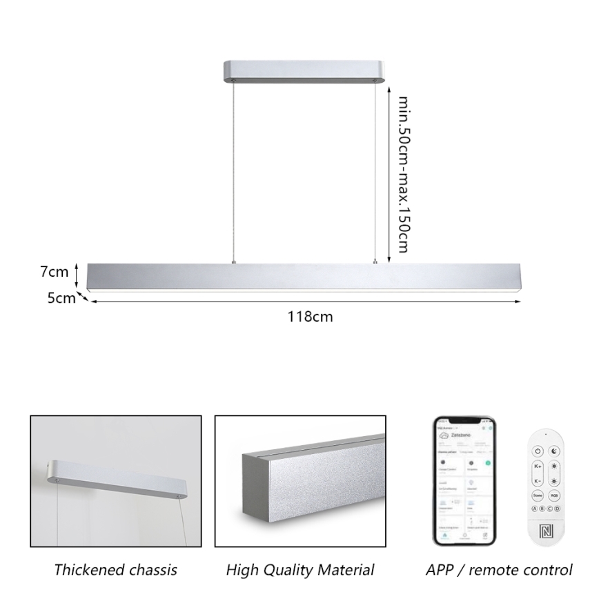 Brilagi - SLEEKLINE SMART LED/40W/230V luster na sajli, prigušiva, 3000-6000K Wi-Fi Tuya, srebrna + daljinski upravljač