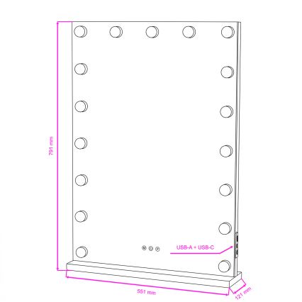 BRILAGI - LED prigušiva ogledalo za šminku HOLLYWOOD LED/15W/230V CCT + 2x USB 55x77 cm crna