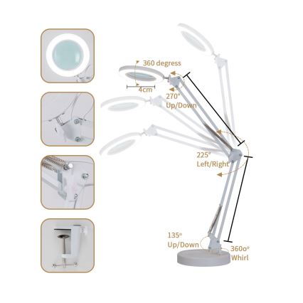 Brilagi - LED prigušiva stona lampa sa lupom LENS LED/12W/5V 3000/4200/6000K bela