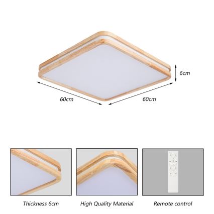 BRILAGI - LED prigušiva plafonska svetiljka MOLINA SQUARE LED/80W/230V 3000-6000K hrast 60x60 cm + daljinski upravljač