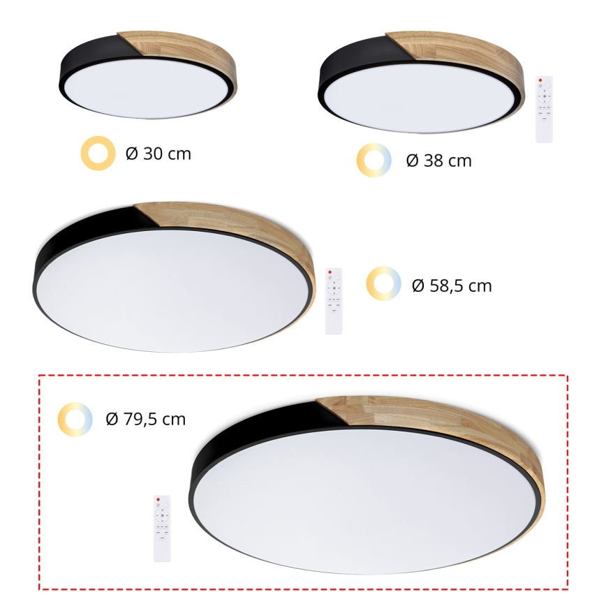 Brilagi - LED prigušiva plafonska svetiljka PILANA LED/72W/230V 3000-6500K hrast/crna, prečnik 80 cm + daljinski upravljač