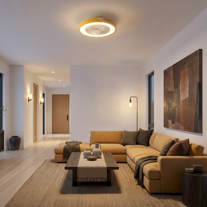 Brilagi - LED prigušiva plafonska svetiljka sa ventilatorom LED/38W/230V 3000-6500K prečnik 50 cm zlatna/hrast + daljinski upravljač