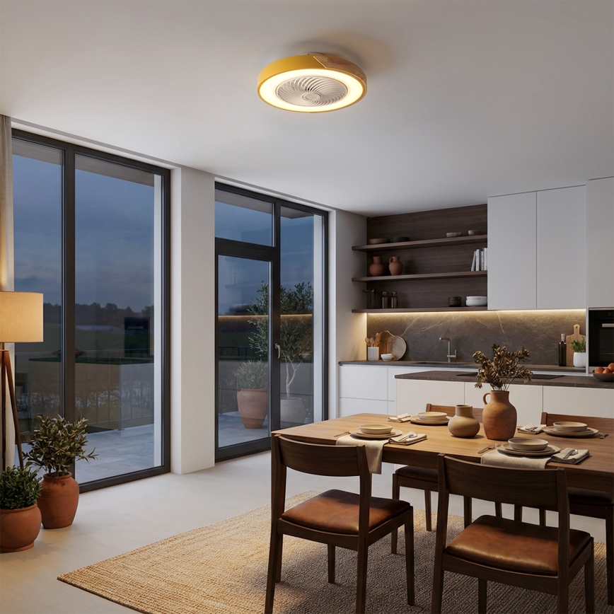 Brilagi - LED prigušiva plafonska svetiljka sa ventilatorom LED/38W/230V 3000-6500K prečnik 50 cm zlatna/hrast + daljinski upravljač