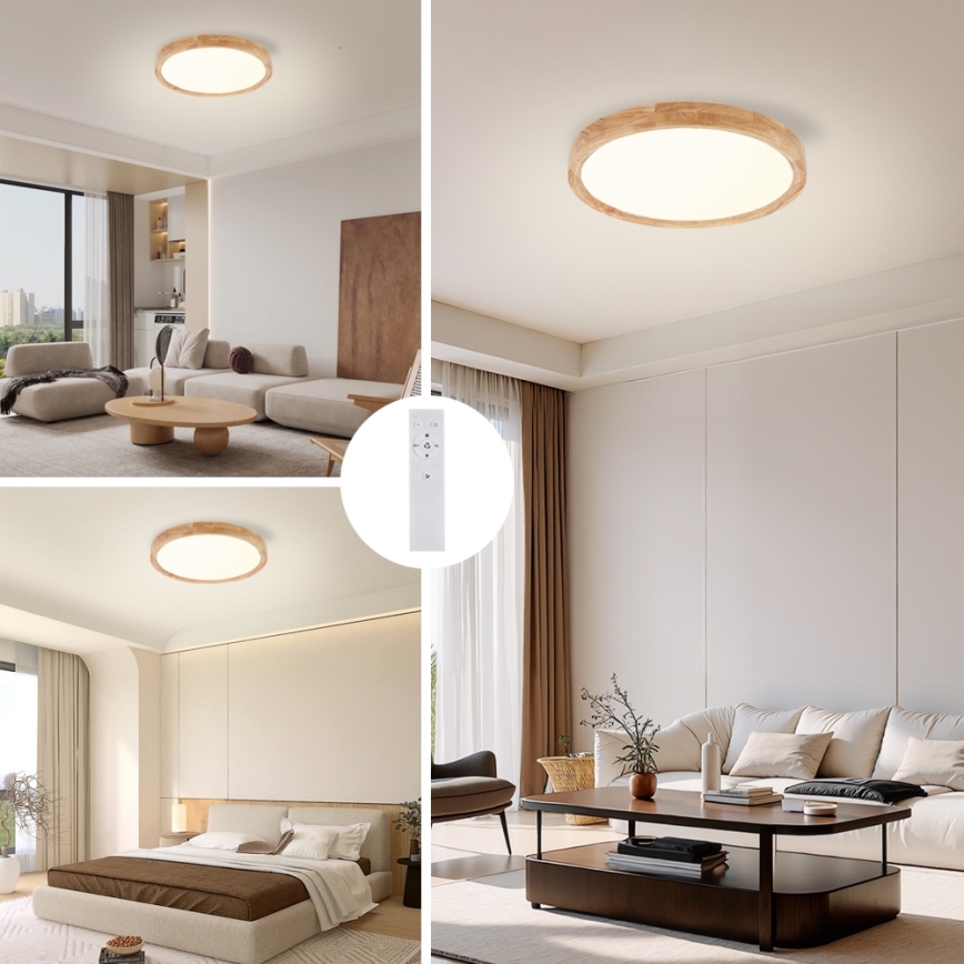 Brilagi - LED prigušiva stropna svetiljka WOODROUND LED/30W/230V 3000-6000K prečnik 40 cm drvo CRI 90 + daljinski upravljač