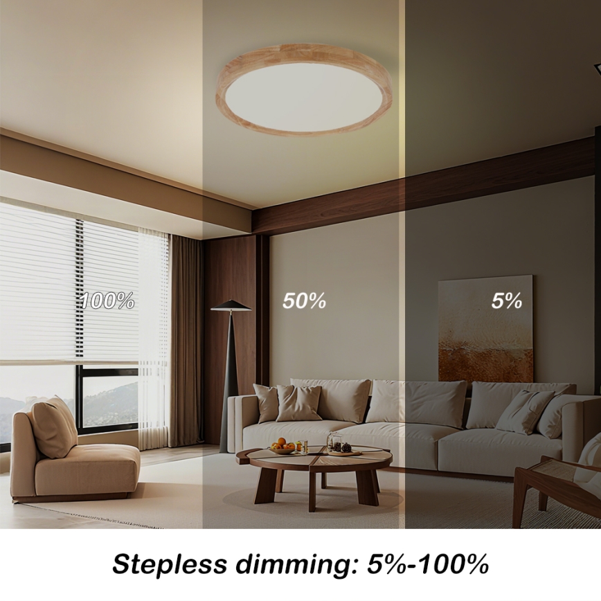Brilagi - LED prigušiva stropna svetiljka WOODROUND LED/30W/230V 3000-6000K prečnik 40 cm drvo CRI 90 + daljinski upravljač
