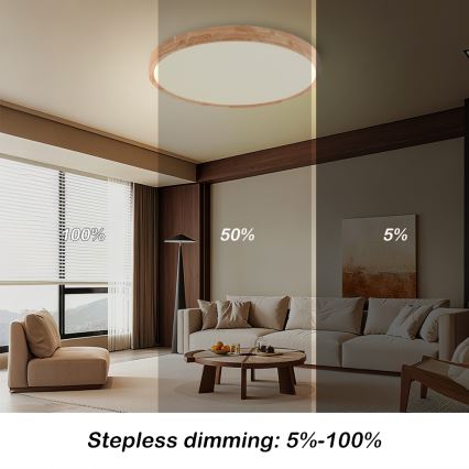 Brilagi - LED prigušiva stropna svetiljka WOODROUND LED/40W/230V 3000-6000K prečnik 60 cm drvo CRI 90 + daljinski upravljač