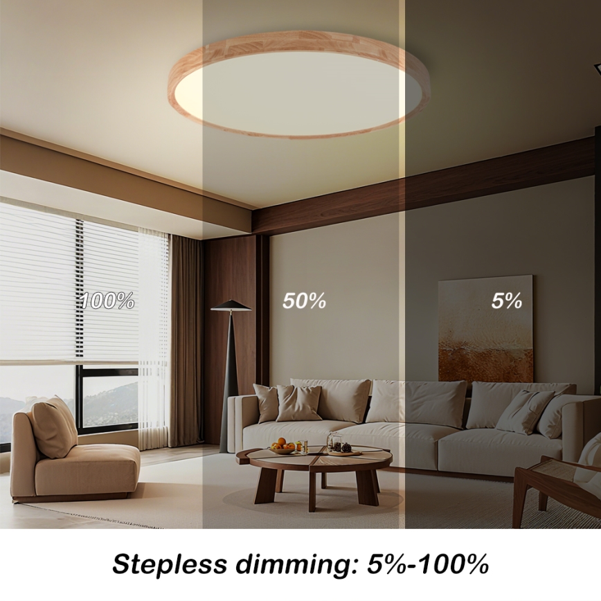 Brilagi - LED prigušiva stropna lampa WOODROUND LED/70W/230V 3000-6000K prečnik 80 cm drvo CRI 90 + daljinski upravljač