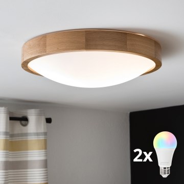 BRILAGI - LED RGBW prigušiva plafonska lampa CARVALHO SLIM 2xE27/12W/230V 2700–6500K Wi‑Fi hrast prečnik 37 cm