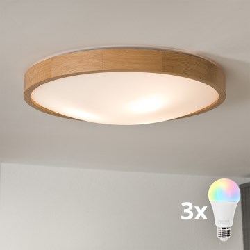 Brilagi - LED RGBW prigušiva stropna lampa CARVALHO SLIM 3xE27/15W/230V 2700-6500K Wi-Fi hrast, prečnik 47 cm