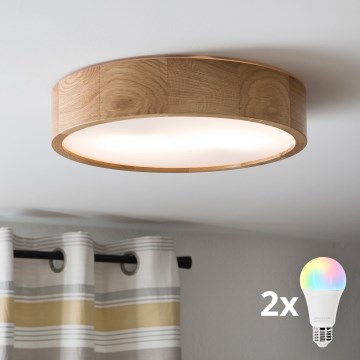 Brilagi - LED RGBW prigušiva stropna svetiljka CARVALHO 2xE27/9W/230V 2700-6500K Wi-Fi hrast prečnik 37,5 cm