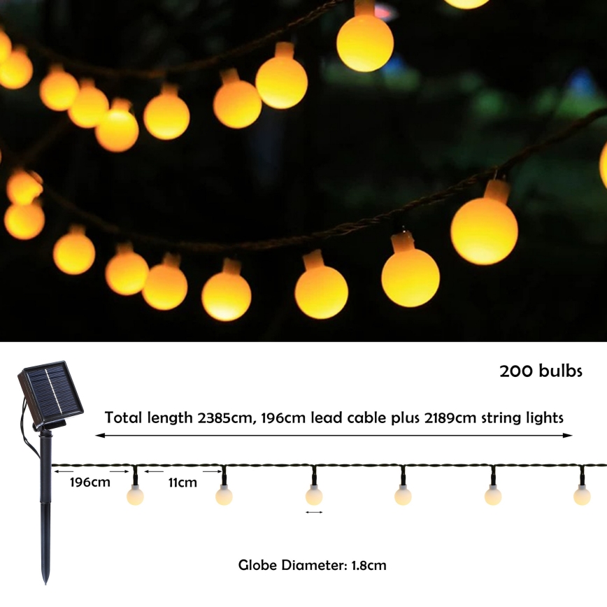 Brilagi - LED solarna dekorativna girlanda BUBBLE 200xLED/8 funkcija 20m IP65 topla bela 800 mAh