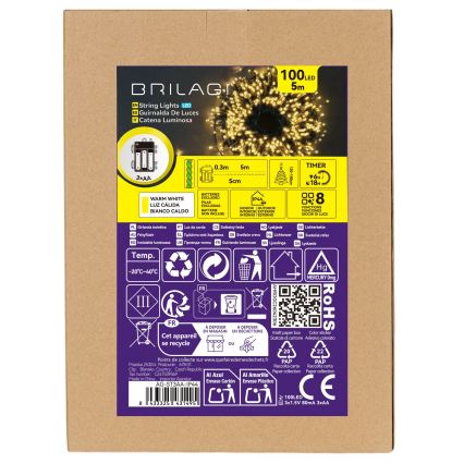 BRILAGI - LED Spoljašnja božićna girlanda 100xLED/3xAA/8 funkcija 5,3m IP44 topla bela