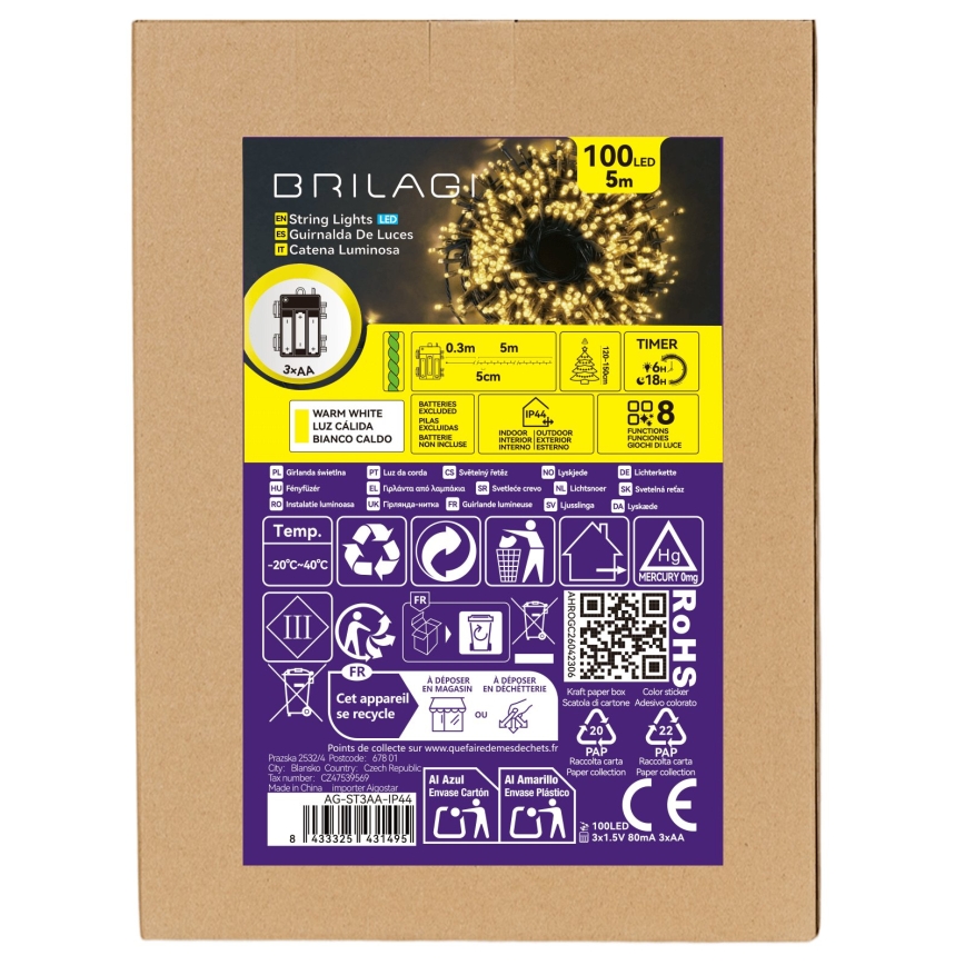 BRILAGI - LED Spoljašnja božićna girlanda 100xLED/3xAA/8 funkcija 5,3m IP44 topla bela