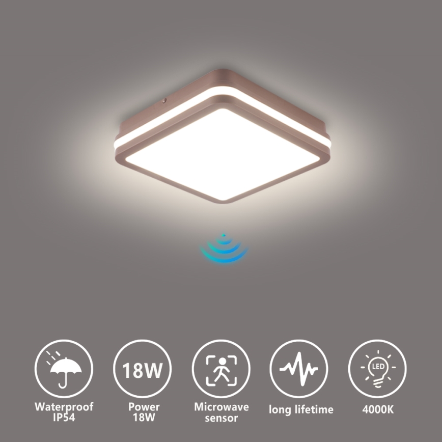 Brilagi - LED spoljašnje plafonsko svetlo sa senzorom BENE LED/18W/230V 21,5x21,5 cm braon IP54