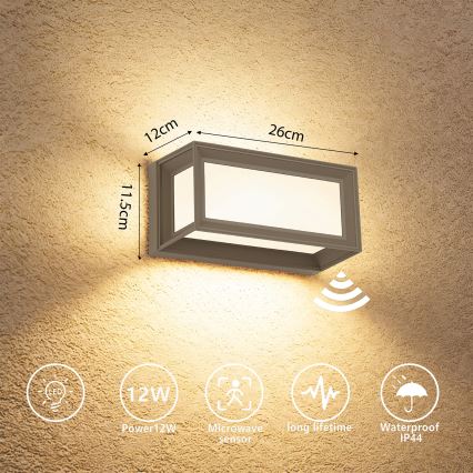 Brilagi - spoljno zidno LED svetlo sa senzorom PARKER LED/12W/230V sivo IP44