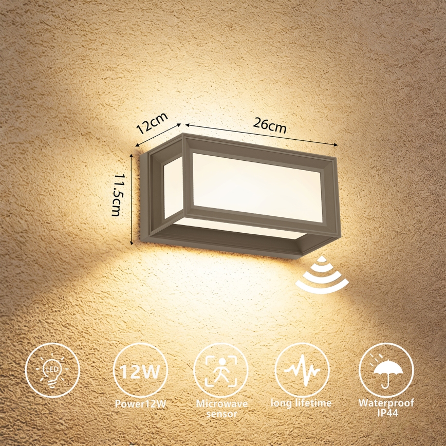 Brilagi - spoljno zidno LED svetlo sa senzorom PARKER LED/12W/230V sivo IP44