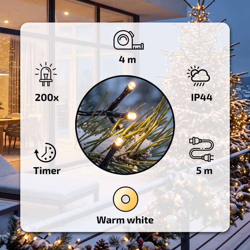 BRILAGI - LED spoljašnji božićni niz 200xLED, 9 m, IP44, topla bela