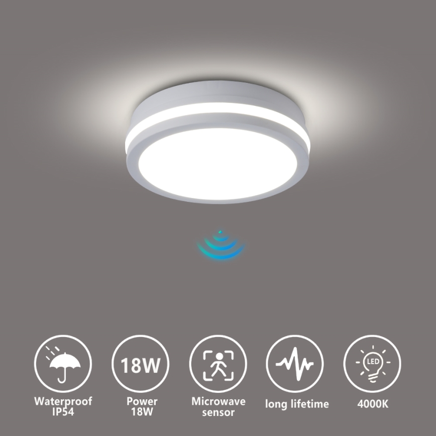 Brilagi - LED spoljašnje plafonsko svetlo sa senzorom BENE LED/18W/230V Ø 21,5 cm belo IP54