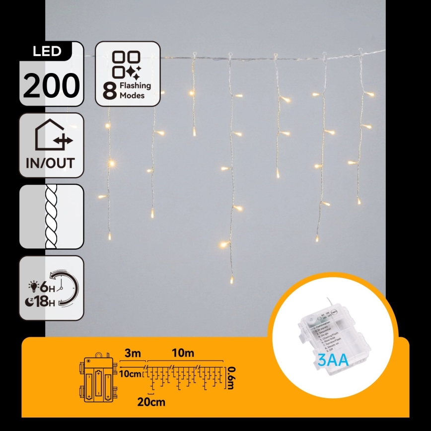 BRILAGI - LED spoljašnji božićni lanac 200xLED/3xAA/8 funkcija 13x0,6m IP44 topla bela