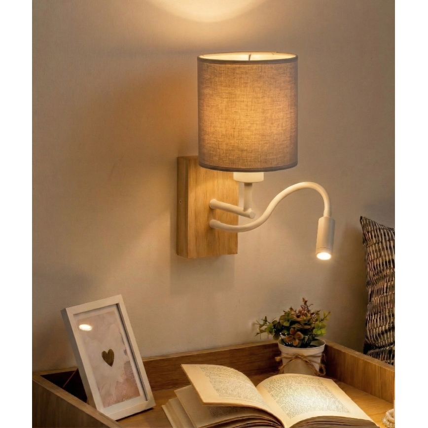 Brilagi - LED fleksibilna zidna lampa NUBILA WOOD 1xE27/25W/230V + LED/3W hrast/bela/svetlo siva