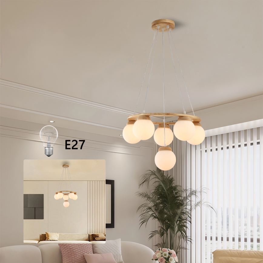 Brilagi - Luster na sajli VISBY WOOD 6xE27/60W/230V, prečnik 58 cm, drveni