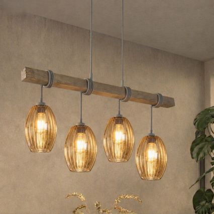 BRILAGI - Luster na sajli WOOD GLASS 4xE27/60W/230V borovina/siva/zadimljeno braon