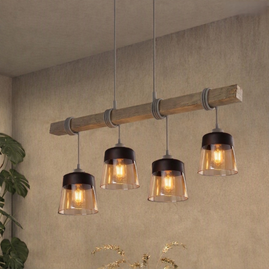 BRILAGI - Luster na sajli WOOD GLASS 4xE27/60W/230V borovina/siva/dimljeno braon