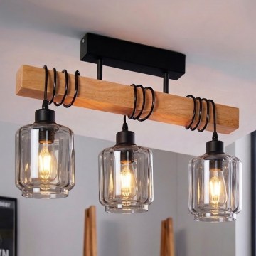 BRILAGI - Plafonski luster WOOD GLASS 3xE27/60W/230V borovina/crna/dimljeno bež