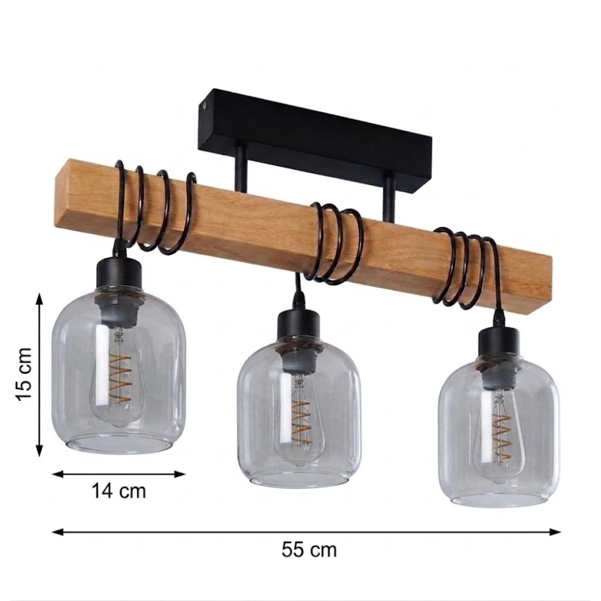 BRILAGI - Plafonski luster WOOD GLASS 3xE27/60W/230V borovina/crna/zadimljeno-siva