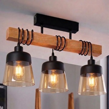 BRILAGI - Plafonski luster WOOD GLASS 3xE27/60W/230V borovina/crna/zadimljeno-smeđa