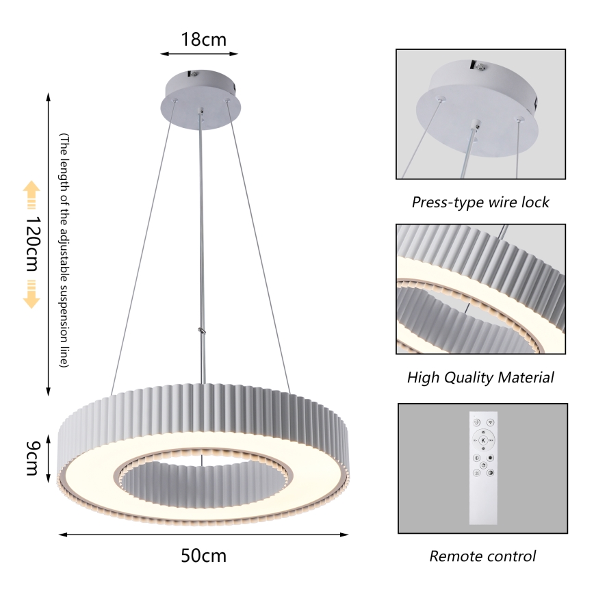 Brilagi - LED prigušiva luster na sajli LUMIX LED/48W/230V 3000-6000K bela, prečnik 50 cm + daljinski upravljač