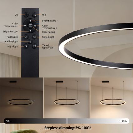 Brilagi - LED prigušiva luster na sajli PORTOFINO LED/60W/230V 3000-6000K prečnik 80 cm crna + daljinski upravljač