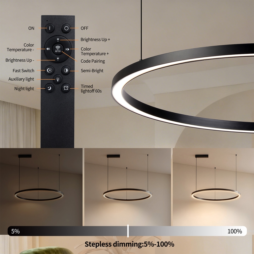 Brilagi - LED prigušiva luster na sajli PORTOFINO LED/60W/230V 3000-6000K prečnik 80 cm crna + daljinski upravljač