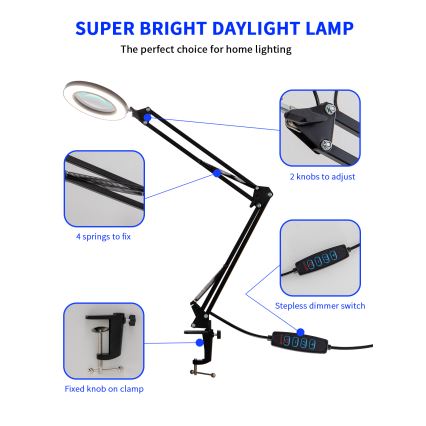 Brilagi - prigušiva LED stona lampa sa lupom LENS LED/12W/5V 3000/4200/6000K crna
