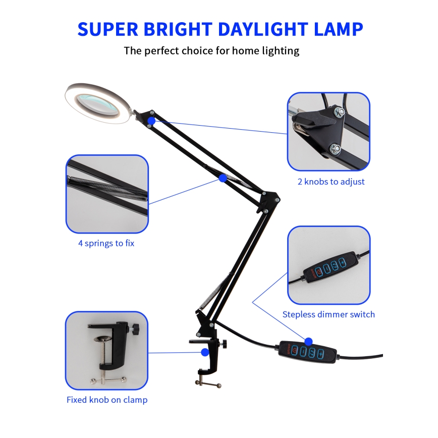 Brilagi - prigušiva LED stona lampa sa lupom LENS LED/12W/5V 3000/4200/6000K crna