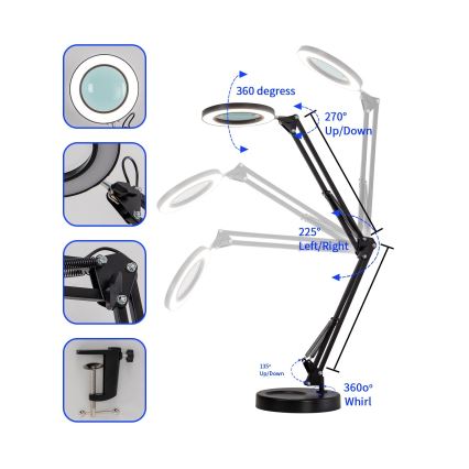 Brilagi - prigušiva LED stona lampa sa lupom LENS LED/12W/5V 3000/4200/6000K crna