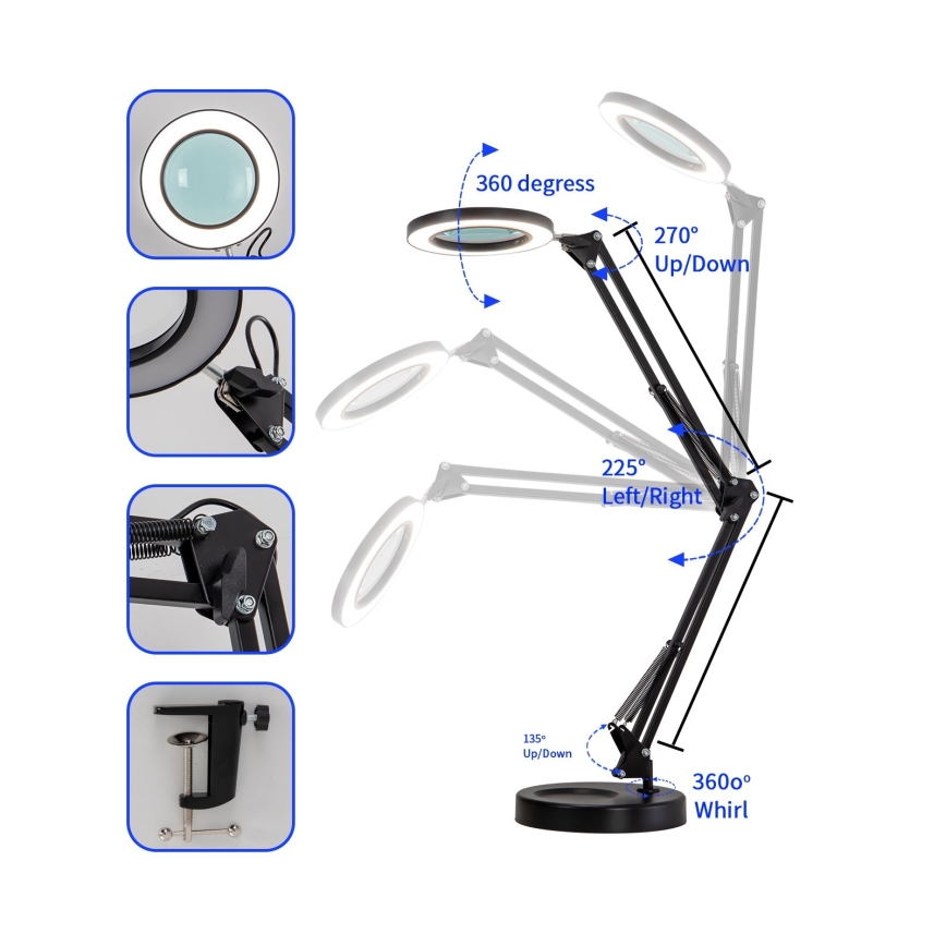 Brilagi - prigušiva LED stona lampa sa lupom LENS LED/12W/5V 3000/4200/6000K crna