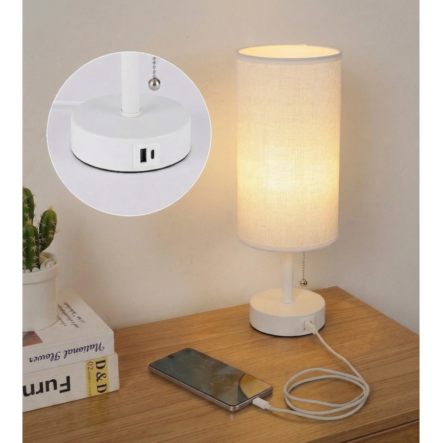 Brilagi - Stona lampa sa USB portom TABLON 1xE27/25W/230V bela