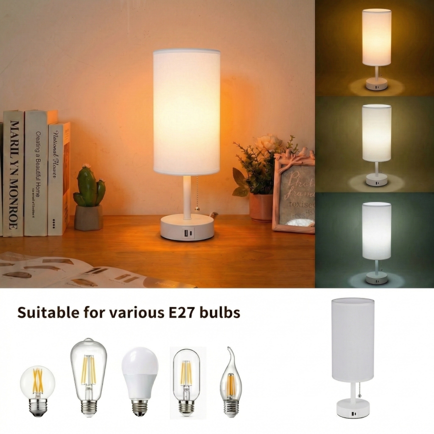 Brilagi - Stona lampa sa USB portom TABLON 1xE27/25W/230V bela