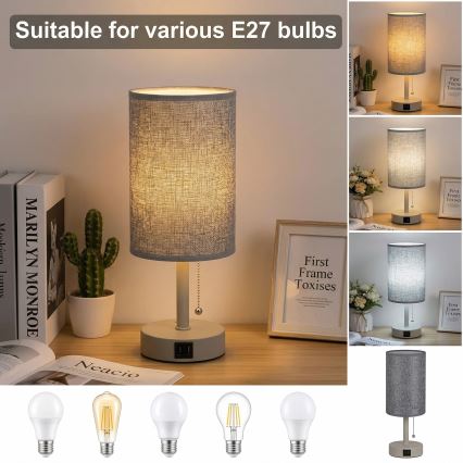 Brilagi - Stona lampa sa USB portom TABLON 1xE27/25W/230V bež/siva